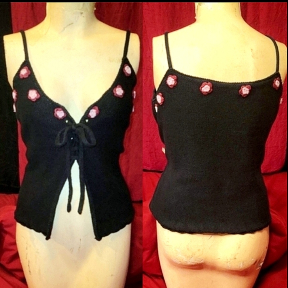 Vtg Y2K Newport blk pink flowers open mid driff lace up crochet top L/XL NWOT
